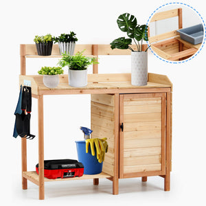 English Elm Outdoor Solid Wood Potting Bench with Built-in Sink Sliding Top and Garden Storage W2640P236086