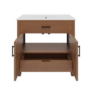 English Elm Christopher Knight Home® - 36" Rattan Bathroom Vanity with Ceramic Sink and Soft-Close Drawers, Handwoven Door Texture, Solid Wood Legs, Spacious Storage Elegance Brown N817P271077B