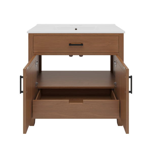English Elm Christopher Knight Home® - 36" Rattan Bathroom Vanity with Ceramic Sink and Soft-Close Drawers, Handwoven Door Texture, Solid Wood Legs, Spacious Storage Elegance Brown N817P271077B