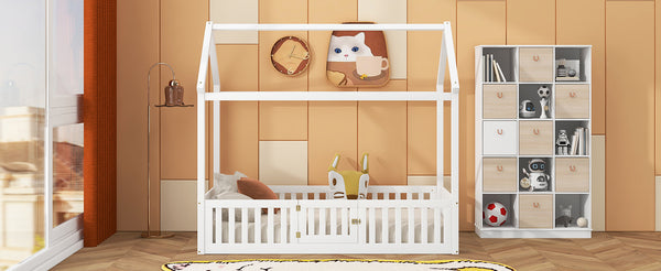 English Elm Twin Pine House Bed with Roof, Fence & Door — Enclosed Playful Design for Cozy Sleep and Imagination White WF531501AAK