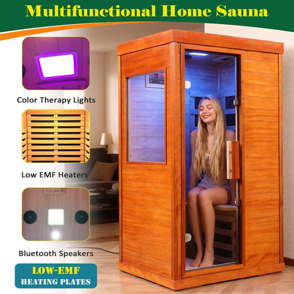 English Elm Far Infrared Sauna with Okoume Wood Six Carbon Panels Chromotherapy and Bluetooth Audio W3973S00010