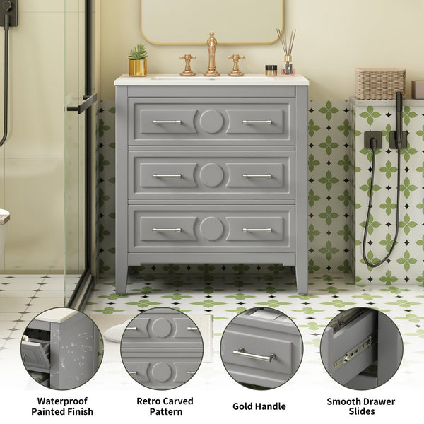 English Elm 30'' Bathroom Vanity with Ceramic Sink, Solid Wood Frame Retro Style Vanity with 3 Drawers & Gold Handles Gray N710P246209E