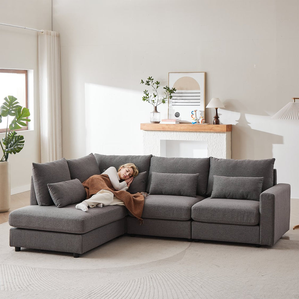 English Elm MH100.2" Sofa Convertible L-Shaped Linen Sectional with Movable Ottoman 5 Cushions 4 Lumbar Pillows Grey W1193S00139