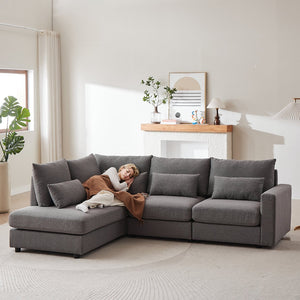 English Elm MH100.2" Sofa Convertible L-Shaped Linen Sectional with Movable Ottoman 5 Cushions 4 Lumbar Pillows Grey W1193S00139