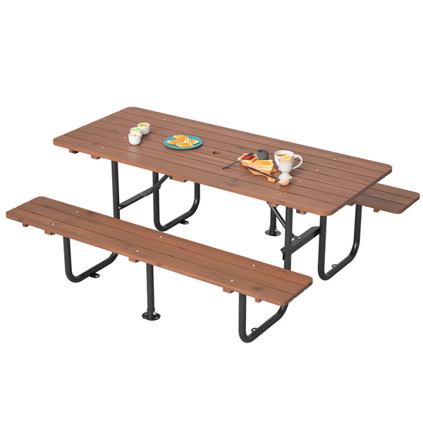 English Elm 72" Solid Wood Outdoor Picnic Table Seats 6 with Attached Benches and Umbrella Hole W1422S00061