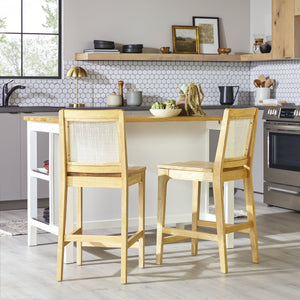 English Elm Walker Edison - Transitional Solid Rubberwood & Woven Rattan Counter Stool Set of 2, 38" H, Natural Finish, Durable Protection B185P169232