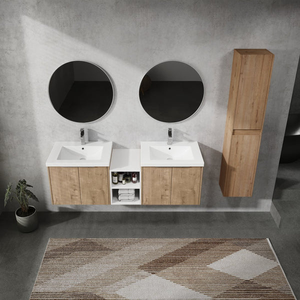 English Elm 60" Wall-Mounted Bathroom Vanity Set With Soft Close Doors, Resin Sinks & Organized Side Cabinets W999S00231