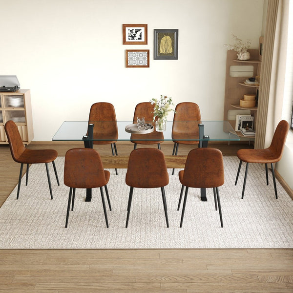 English Elm Table Set With Tempered Glass Top And 8 Brown Techno-Fabric Chairs, Modern X-Shaped Metal Legs W1151S04088-GIGA