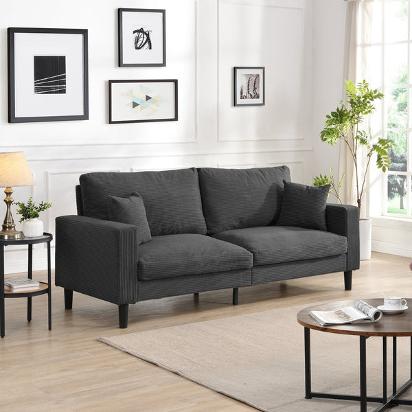 English Elm 74" High Resilience three seater Sofa with Corduroy Upholstery, Plush High-Density Cushion, Sturdy Wooden Frame, Stylish Apartment Seating Dark Gray 35.83 L x 31.9 W x 12.6 H W2297P264467
