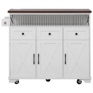 English Elm K&K 46.5'' Farmhouse Kitchen Island Cart with Beaded Drapes, Drop Leaf, Power Hub, Ample Storage White N707P254872W