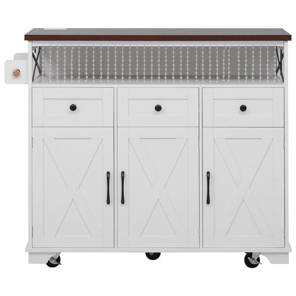 English Elm K&K 46.5'' Farmhouse Kitchen Island Cart with Beaded Drapes, Drop Leaf, Power Hub, Ample Storage White N707P254872W