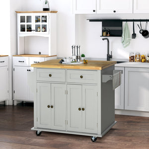 English Elm HOMCOM Mobile Kitchen Island Cart with Rubberwood Butcher Top, Locking Casters, Drawers & Shelves for Organized Prep and Storage Grey W2225P173893