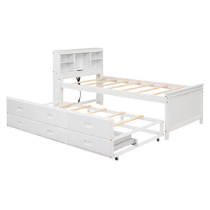 English Elm Twin Platform Bed with Storage Headboard, Pull-Out Trundle & 3 Drawers, USB Ports, Solid Wood Durability White GX000715AAK