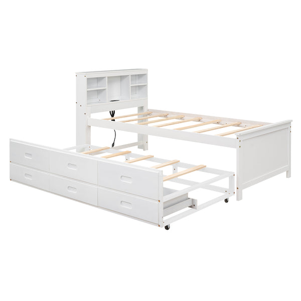 English Elm Twin Platform Bed with Storage Headboard, Pull-Out Trundle & 3 Drawers, USB Ports, Solid Wood Durability White GX000715AAK