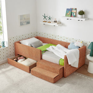 English Elm Twin Boucle Upholstered Kids Bed with Guardrails Built in Storage and Cushioned Step Stool Orange W1413P433367