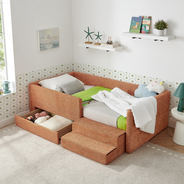 English Elm Twin Boucle Upholstered Kids Bed with Guardrails Built in Storage and Cushioned Step Stool Orange W1413P433367