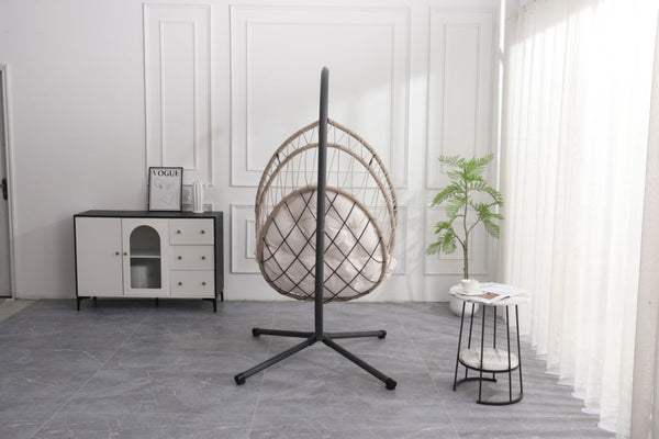 English Elm Outdoor Egg-shaped Hanging Chair with Stand — Beige Gray+White HDPE Cushions, 350lb Sturdy Frame W2500P290032