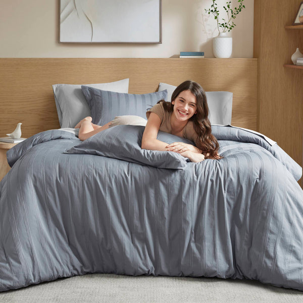 English Elm 7-piece Queen Comforter Set Woven Stripe Polyester Bedding for Neutral Minimalist Rooms Grey B035P463197