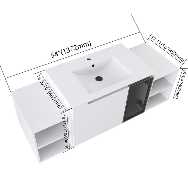 English Elm 54" Floating Bathroom Vanity Glossy White Plywood Cabinet with Ceramic Sink Grey Glass Door W999S00530