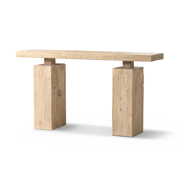 English Elm Calder Reclaimed Elm Plinth Console Table Sculptural Entryway Accent in Warm Brown B2719P474447