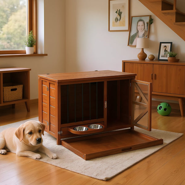 English Elm 33" Pine Wood Pet Crate End Table with Walnut Finish Swivel Feeder and Foldable Frame N843P322021W