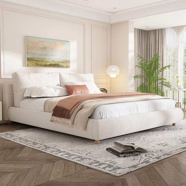 English Elm Christopher Knight Home® - King Size Upholstered Platform Bed In White Boucle Fabric With Removable Pillow Headboard For Comfort N757P246145W