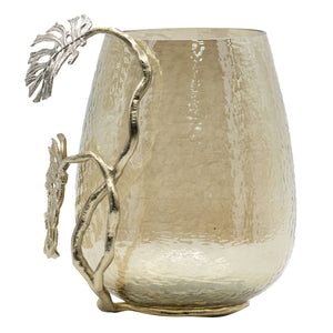 English Elm 9.8x8.5x10.8" Palm Motif Hurricane Holder Silver Aluminum Smoke Glass Mantel Decor W2078P490401