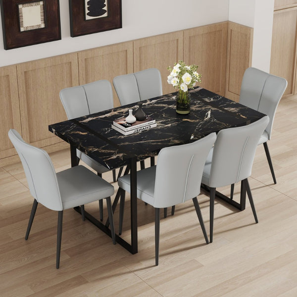English Elm Table Modern Black Marble Mdf Dining Set With 6 Light Gray Pu Chairs - Stylish, Durable, Comfortable W1151S02528-GIGA