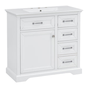 English Elm 36" Modern White Bathroom Vanity with Ceramic Undermount Sink, Heavy-Duty Storage & Soft-Close Drawers W2896P318472