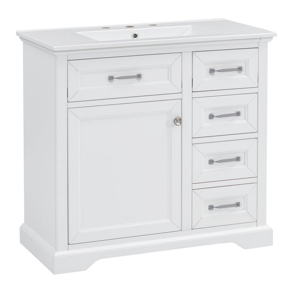 English Elm 36" Modern White Bathroom Vanity with Ceramic Undermount Sink, Heavy-Duty Storage & Soft-Close Drawers W2896P318472