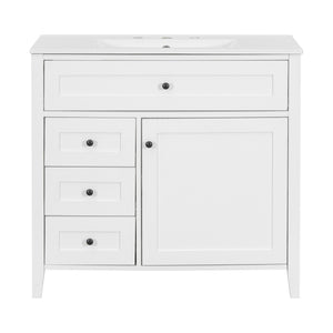 English Elm 36-Inch White Bathroom Vanity With Sink, Modern Mdf & Rubberwood, 3 Drawers & Adjustable Shelf Storage N725P350821K