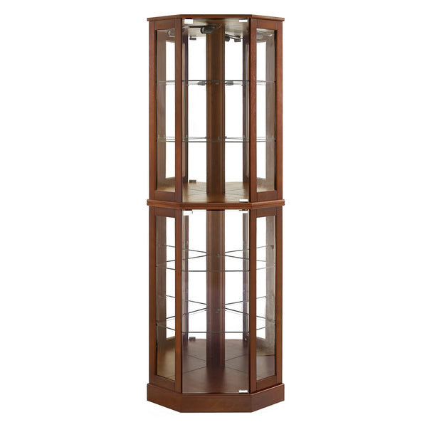 English Elm 6 Shelf Corner Curio Cabinet with Interior Lighting, Mirrored Back, Glass Shelves for Displays Walnut W1693P165021
