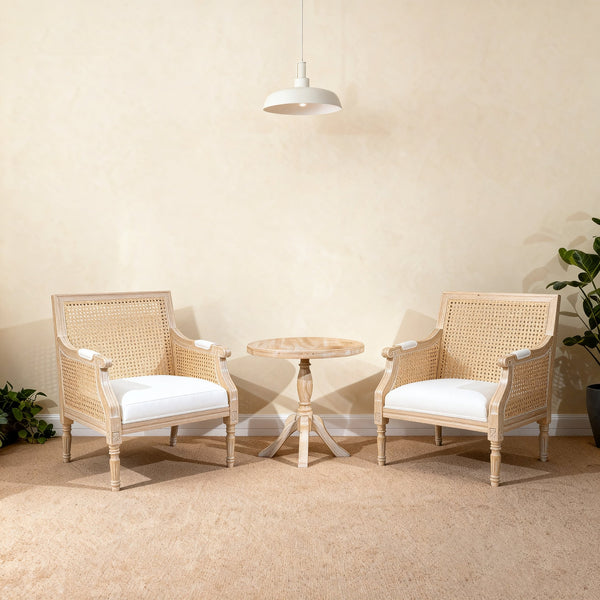 English Elm French Accent Chair Beige Upholstered Rattan Back Armchair — Vintage Solid Wood Reading Seat for Homes W3426P394275