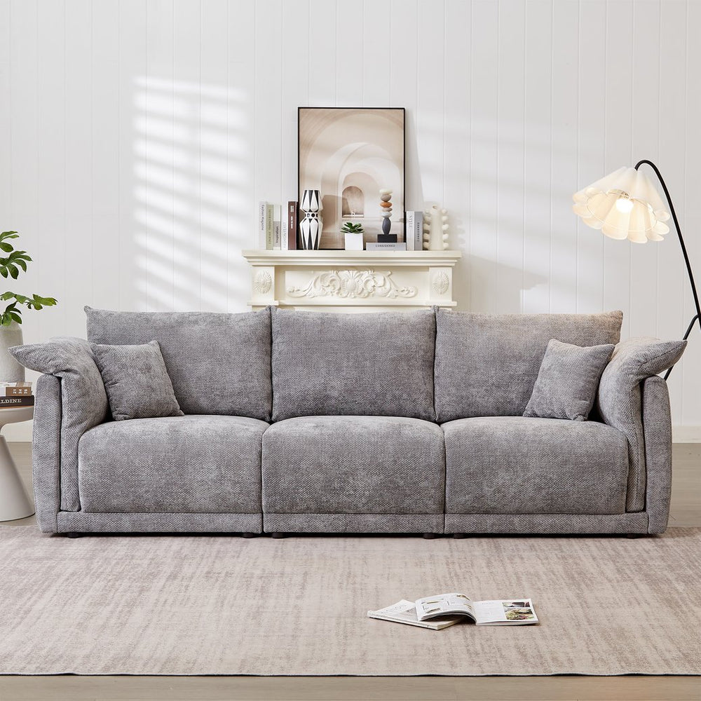 English Elm 98.5" 3-seater sofa with upholstered armrests and plush cushions, modern linen sofa with high weight capacity Grey W1193S00143