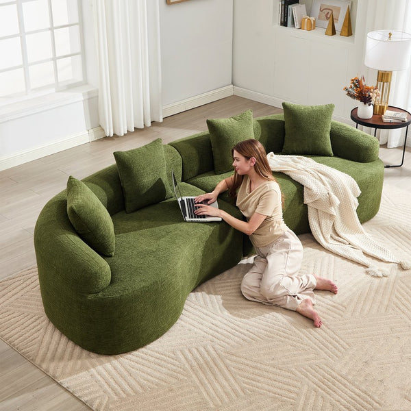 English Elm Curved Boneless Sofa modular 110" sectional with high-density foam & spring core, kid‑friendly curves, no assembly required for easy moving and cozy lounging Green W2231S00006