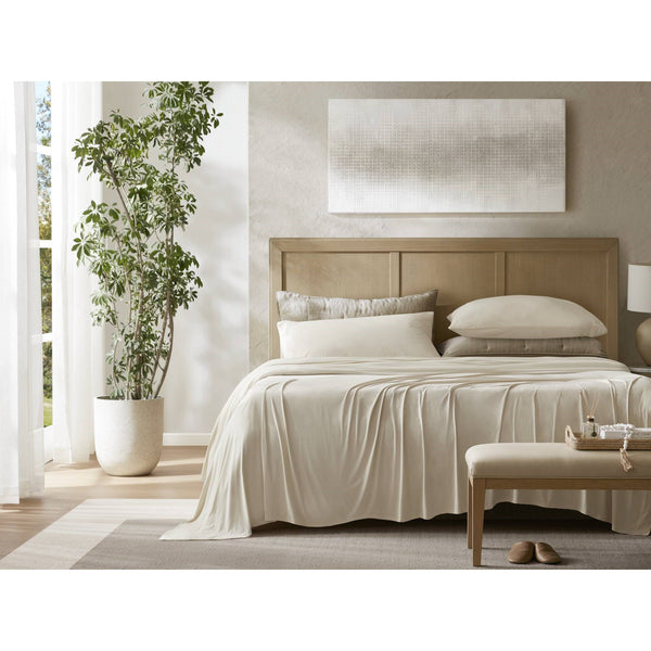 English Elm 4-piece Cal King Stretch Jersey Sheet Set Moisture Wicking Cooling Nylon Spandex Blend Ivory B035P437416