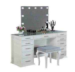 English Elm Glam Elegant Vanity Set with LED Mirror, Plush Stool, Ample Storage, Felt-Lined Drawers, Chic Finish White 41 L x 33 W x 8 H B2741S00679
