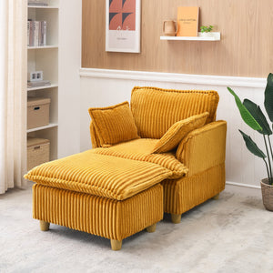 English Elm This single-seat corduroy sofa with ottoman and pillows — compact lounge chair for cozy reading nooks and naps Yellow W1658S00121