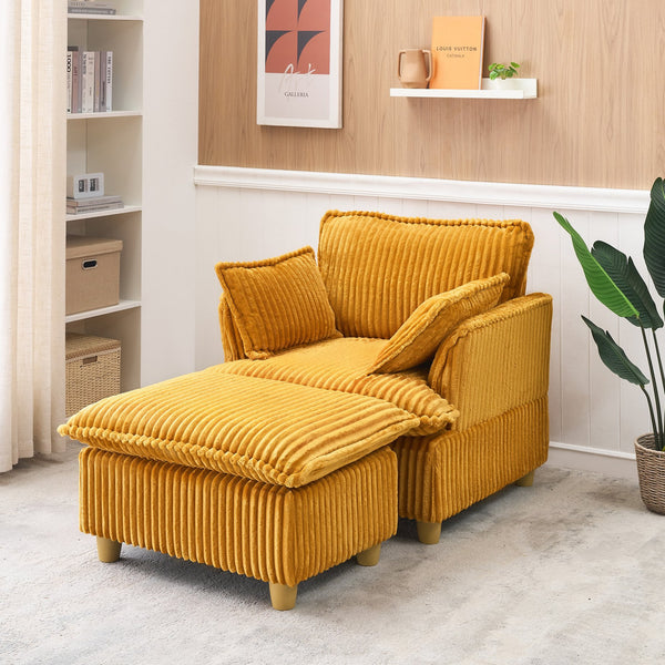 English Elm This single-seat corduroy sofa with ottoman and pillows — compact lounge chair for cozy reading nooks and naps Yellow W1658S00121