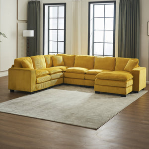 English Elm Modern U Shaped 6-Seat Sectional Sofa with Ottoman and 3 Toss Pillows, Corduroy Modular Comfort and Durable Frame Yellow W2363S00040
