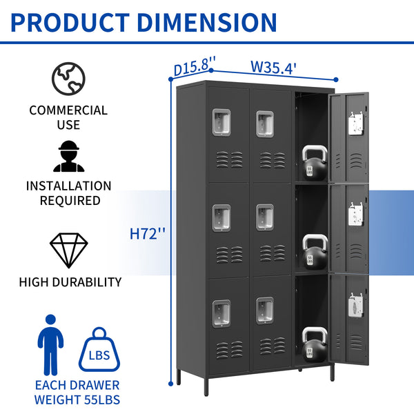 English Elm 9 72"H Metal Lockers 9-Door Steel Locking Locker Cabinet for Gym, School, Office, Home Storage, Gray T2398P282152