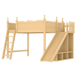 English Elm Twin Loft Bed Solid Pine Frame with Wardrobe Shelving Detachable Slide Kids Room Natural W5305S00022