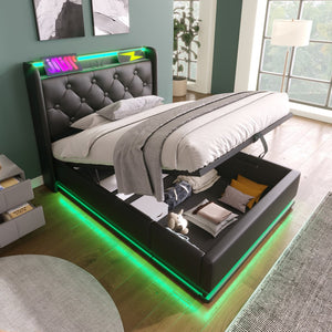 English Elm Twin Upholstered Bed with Hydraulic Storage, Surround LED, App/Remote Control & USB Type-C Charging Black N736P188805B