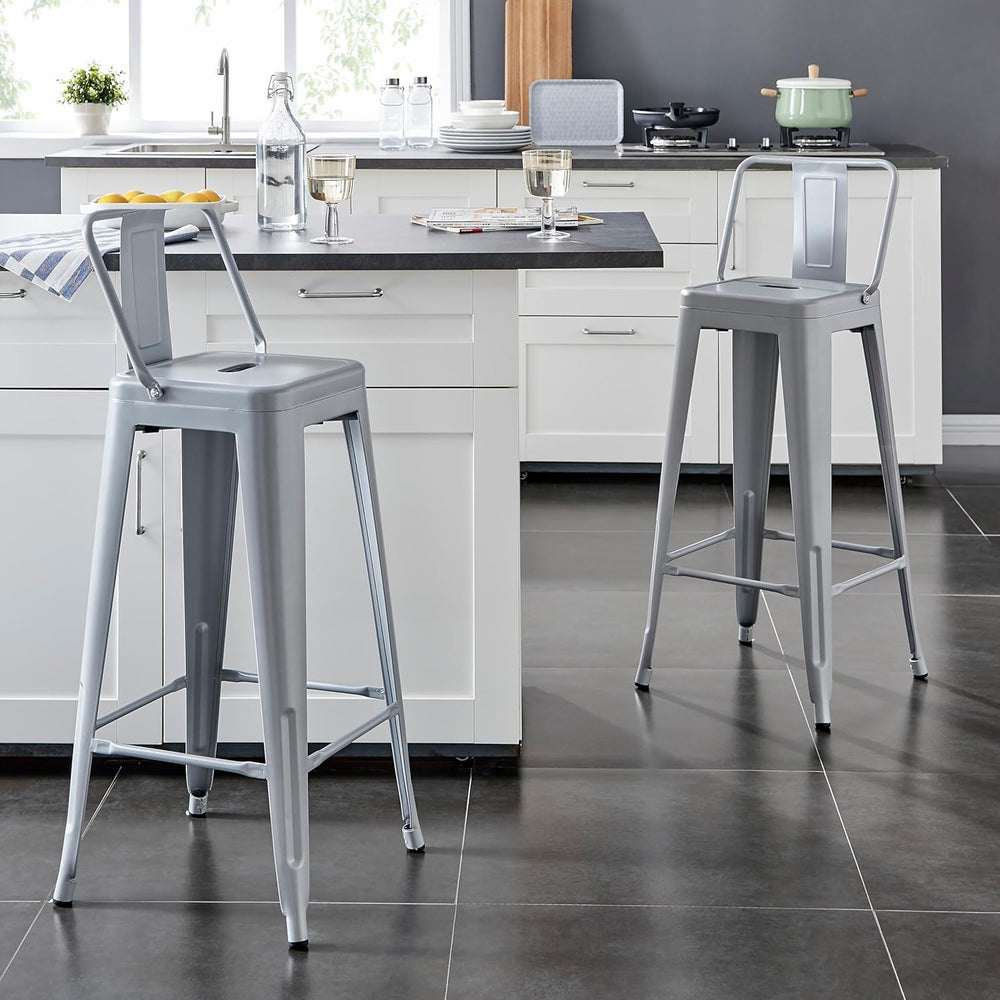 English Elm Modern Lightweight Industrial Barstools Set Of 2 - Distressed White Metal With Bucket Back Design B347P349412