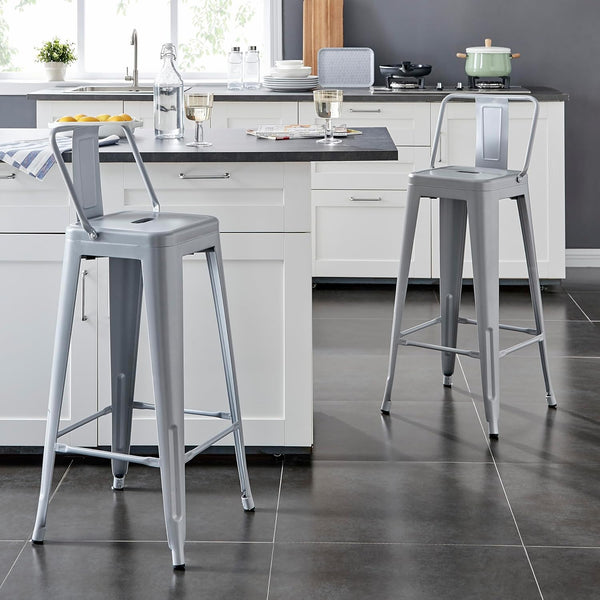 English Elm Modern Lightweight Industrial Barstools Set Of 2 - Distressed White Metal With Bucket Back Design B347P349412