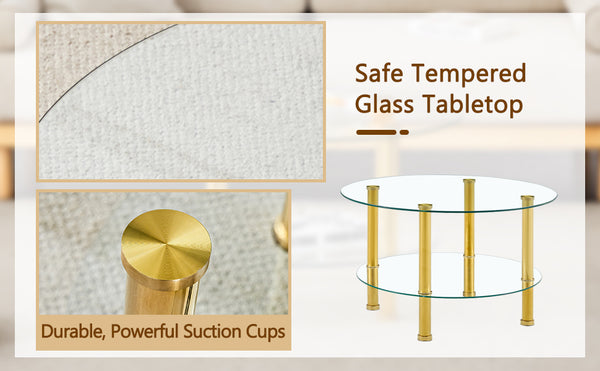 English Elm Contemporary Round Tempered Glass Coffee Table Gold Legs Open Shelf Living Room W1151P234005