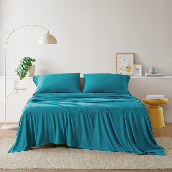 JLA Home Intelligent Design - All Season Sheet Set with Jersey Knit Cotton Blend — Breathable, Stretchy Comfort for Year-Round Use Teal ID20-1239