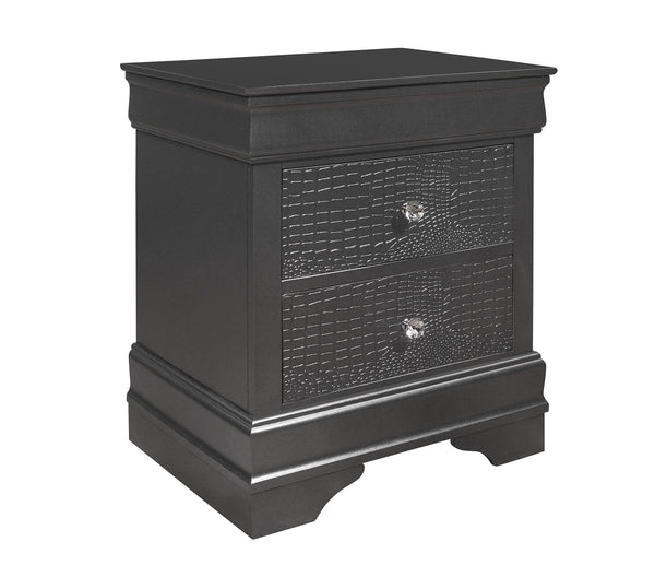 English Elm SHAKER Crocodile Textured Nightstand with Crystal Hardware, Solid Wood & MDF, Contemporary Tapered Legs Metallic Grey 29 L x 22 W x 22 H B201P215903