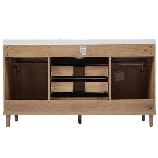 English Elm 60" Boutique Bathroom Vanity Rattan Doors Soft Close Drawers Smc Sink Pine Legs Natural Wood N817P397678N