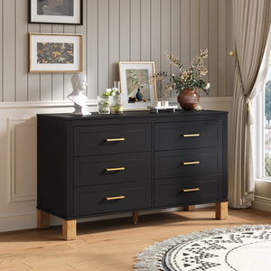English Elm 6-drawer Solid Wood Dresser Mid-century Modern Gray Finish with Metal Bar Handles Black W1445P419756